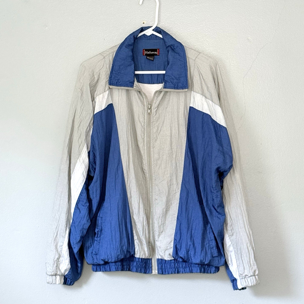 Vintage Hathaway Nylon Jacket Mens Large Blue Silver White 1990s Track Suit Top